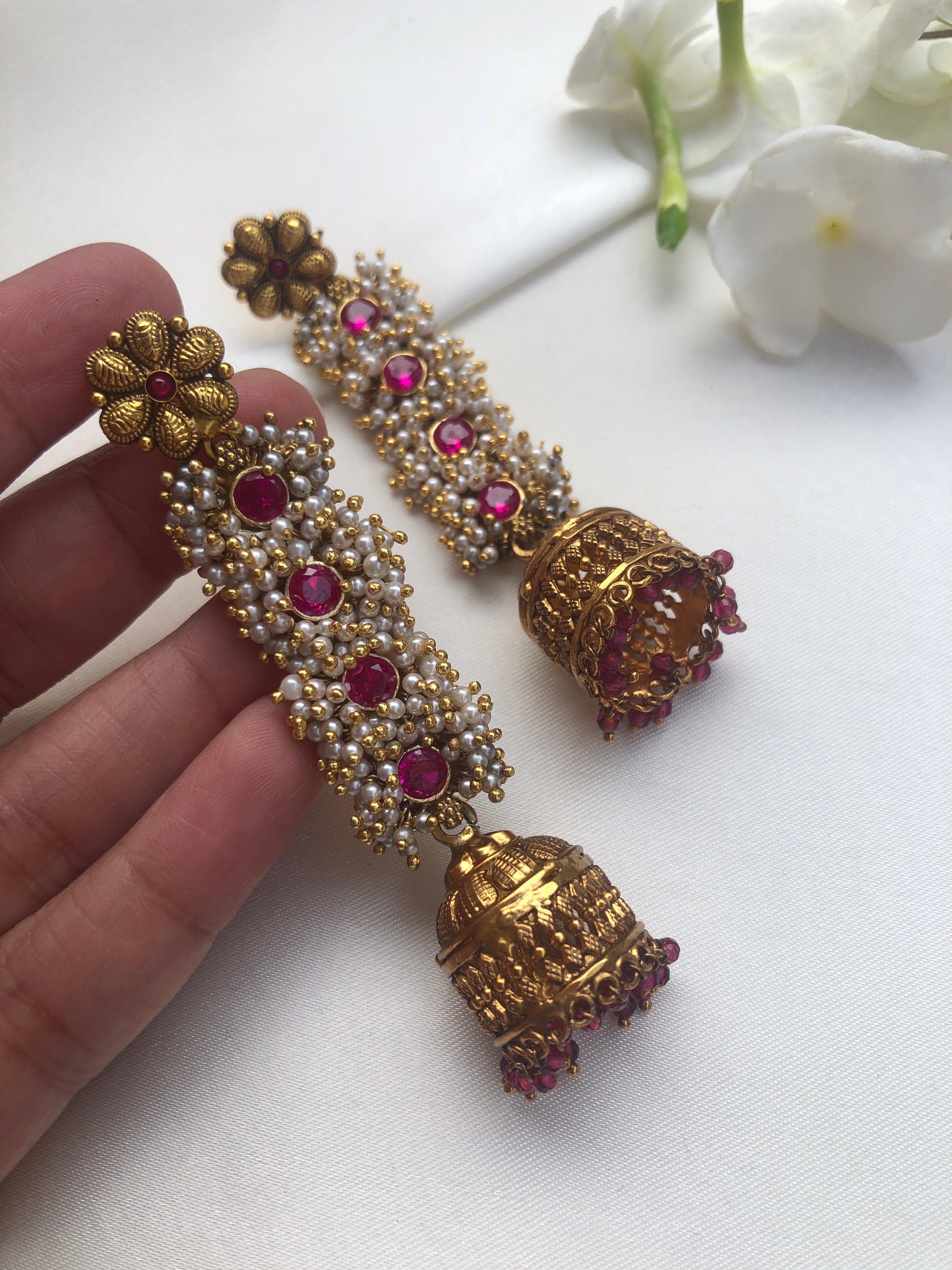 Pearl bunch long earrings with pink bead jhumkas-Earrings-PL-House of Taamara