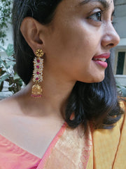 Pearl bunch long earrings with pink bead jhumkas-Earrings-PL-House of Taamara