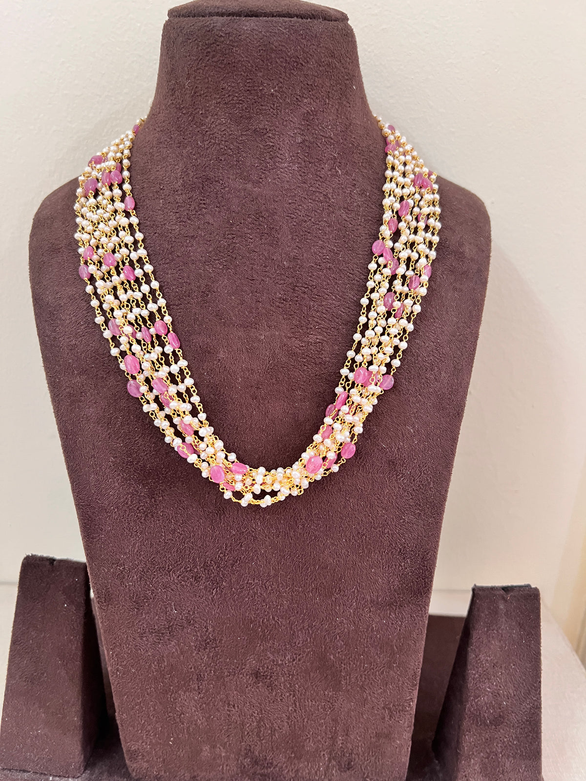Pearl bunch with ruby Round beads-Silver Neckpiece-PL-House of Taamara