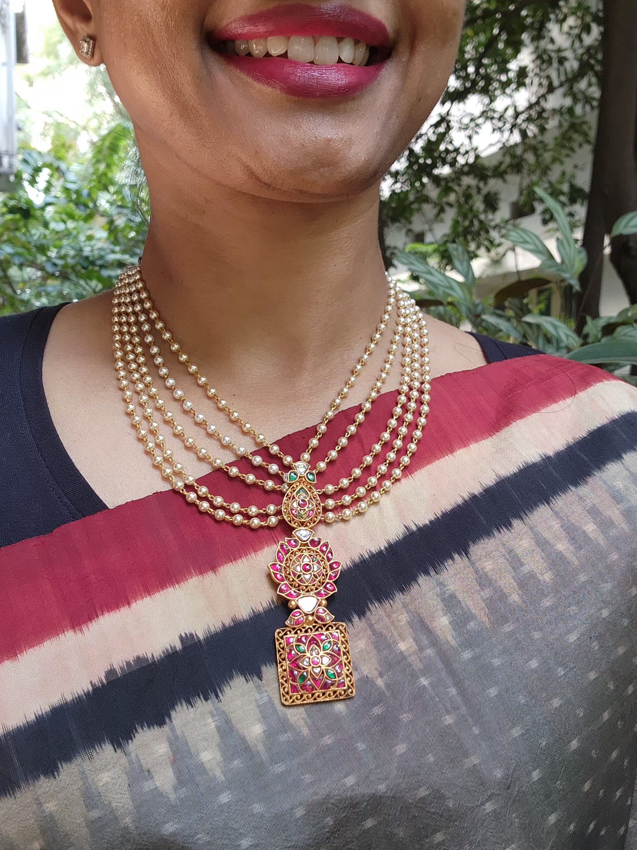 Pearl chain with antique style pendant-Silver Neckpiece-PL-House of Taamara