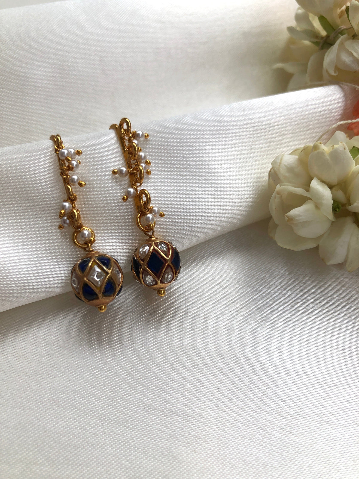 Pearl hook earrings with blue & kundan beads-Earrings-PL-House of Taamara