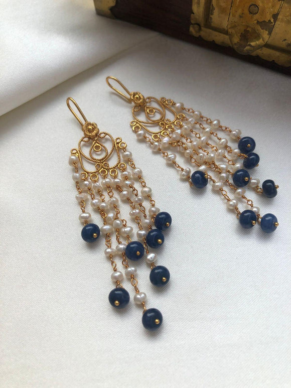Pearl long earrings with blue onyx bead-Earrings-PL-House of Taamara