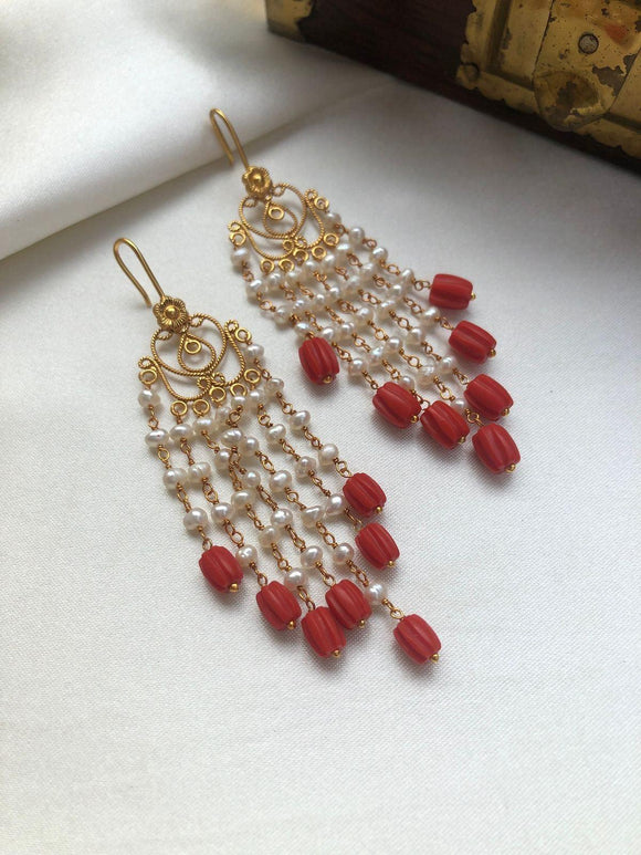 Pearl long earrings with coral beads-Earrings-PL-House of Taamara