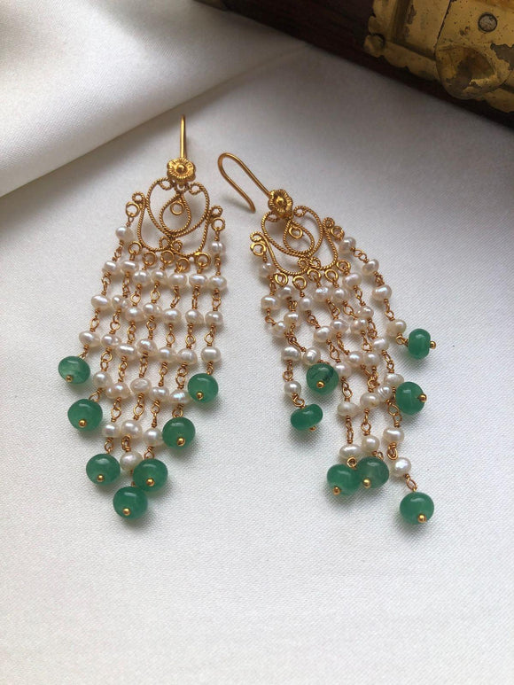 Pearl long earrings with green beads-Earrings-PL-House of Taamara