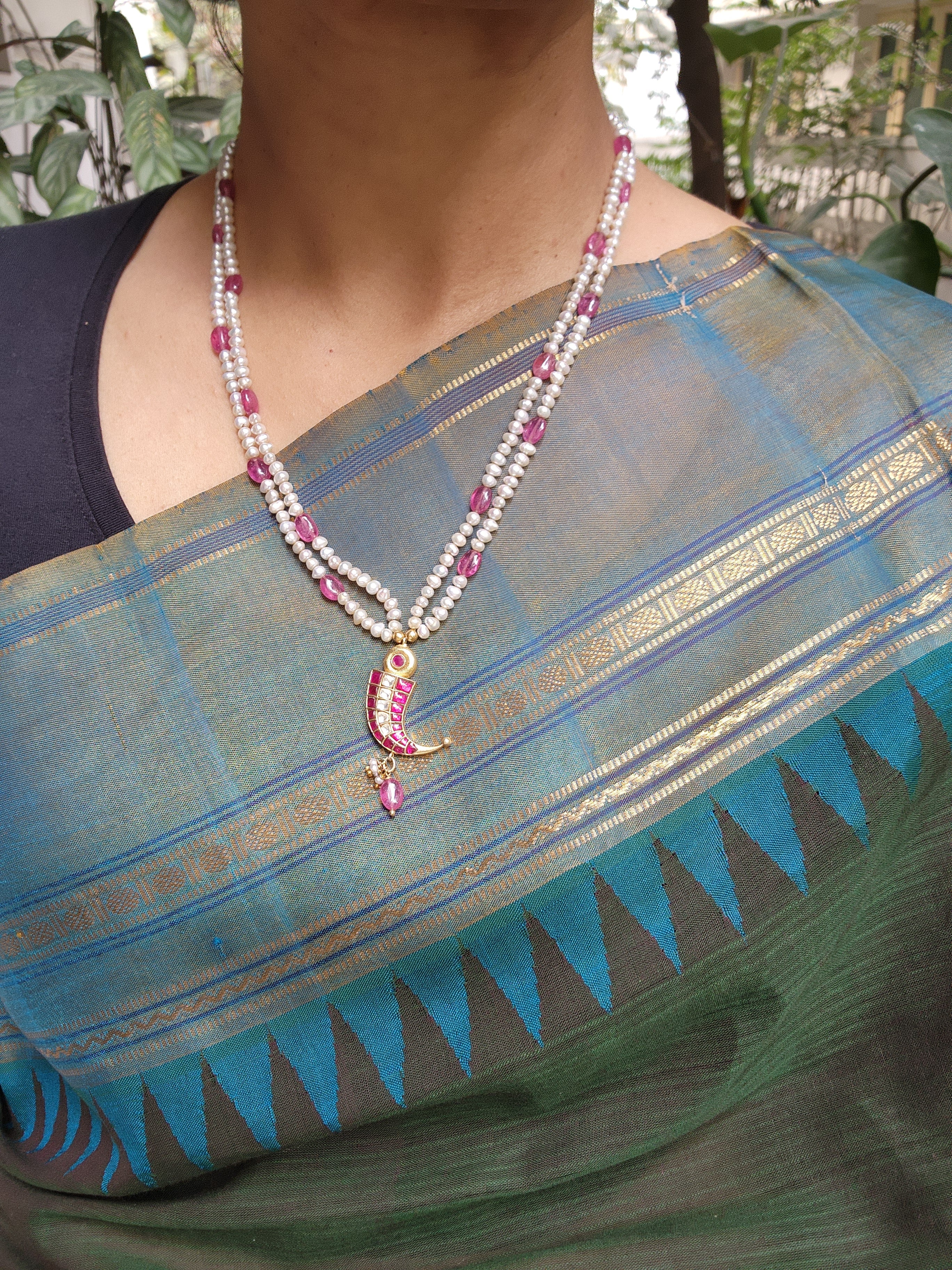 Pearl mala with kundan ruby tiger nail-Silver Neckpiece-PL-House of Taamara