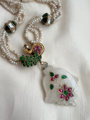Pearl necklace with peacock pendant & kundan inlay work on opal stone-Silver Neckpiece-CI-House of Taamara