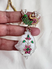 Pearl necklace with peacock pendant & kundan inlay work on opal stone-Silver Neckpiece-CI-House of Taamara