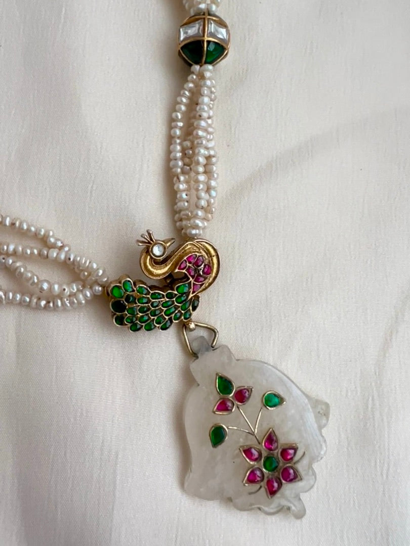 Pearl necklace with peacock pendant & kundan inlay work on opal stone-Silver Neckpiece-CI-House of Taamara