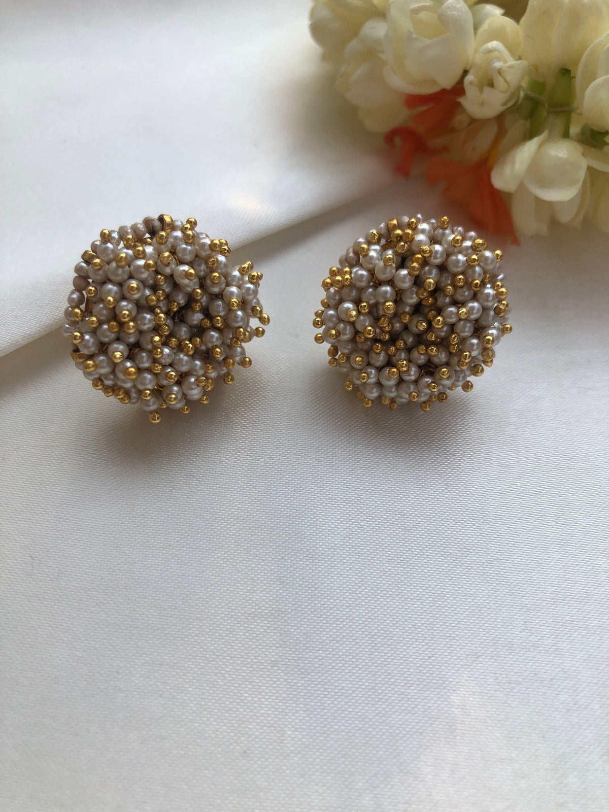 Pearls & Gold Gundu Intricately Tied Bunch, Round Studs-Earrings-PL-House of Taamara