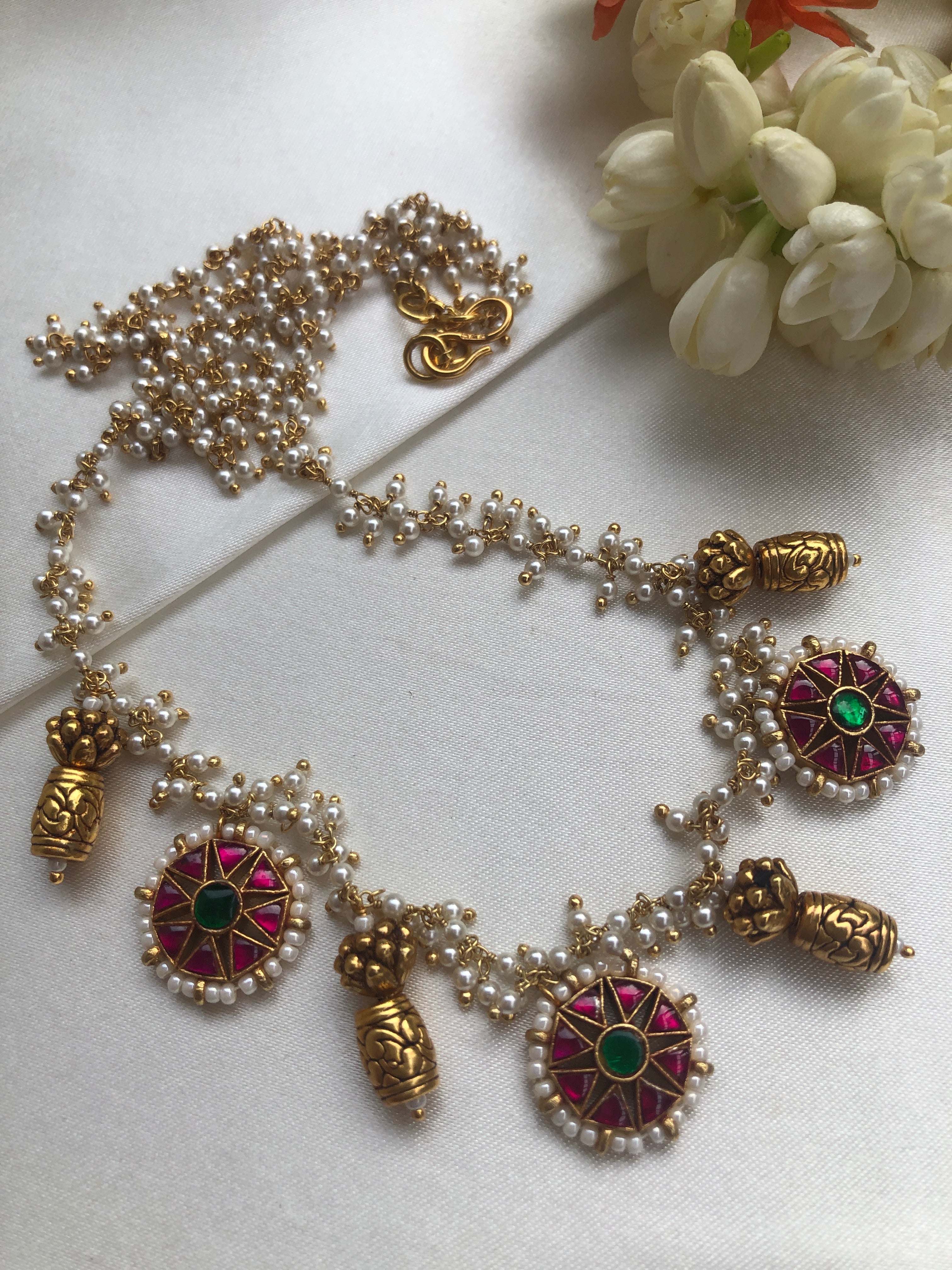 Pearls bunch chain with antique style beads, green & ruby round kundan hangings-Silver Neckpiece-PL-House of Taamara