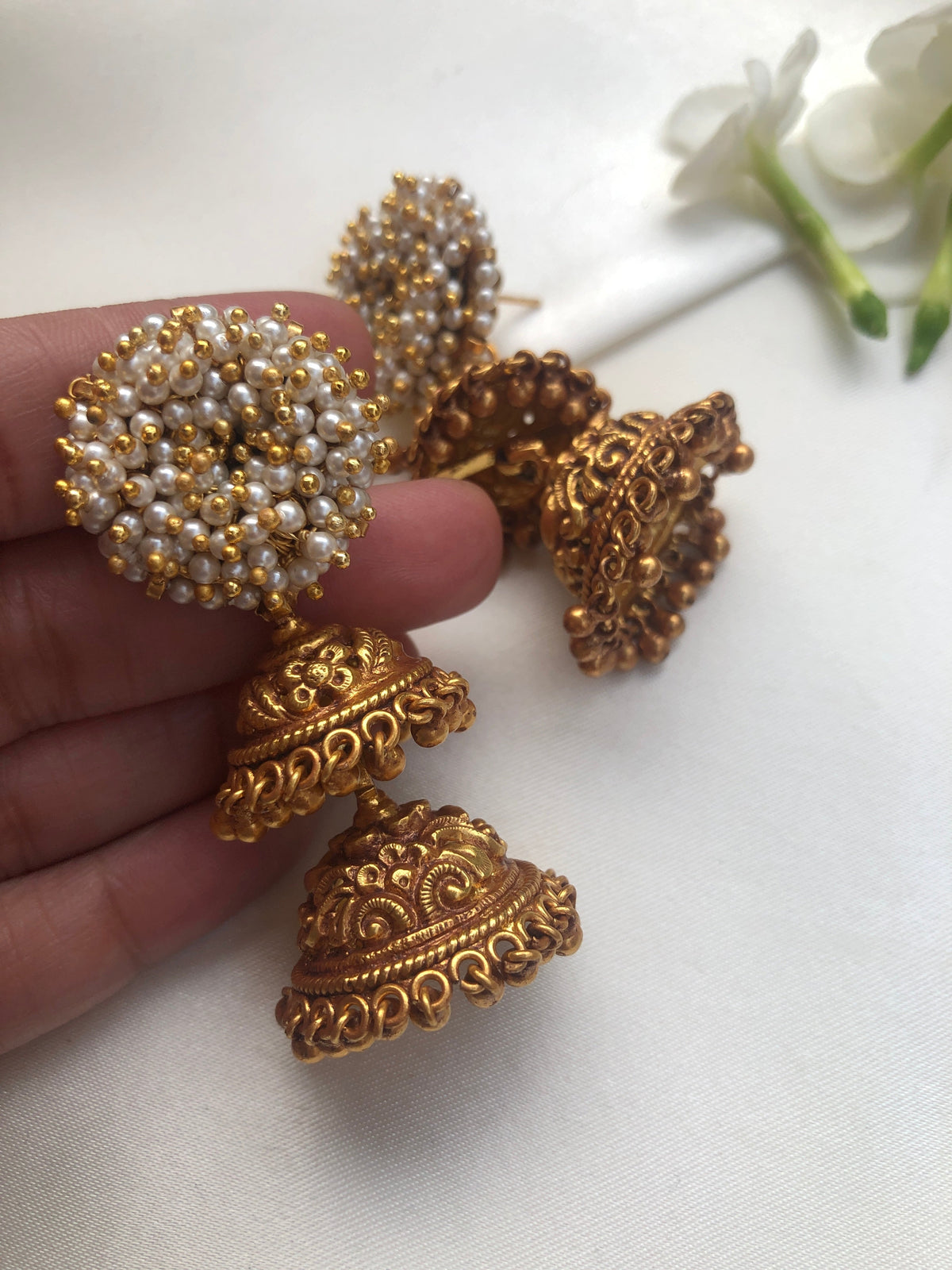 Pearls bunch detachable 2 layer jhumkas-Earrings-PL-House of Taamara