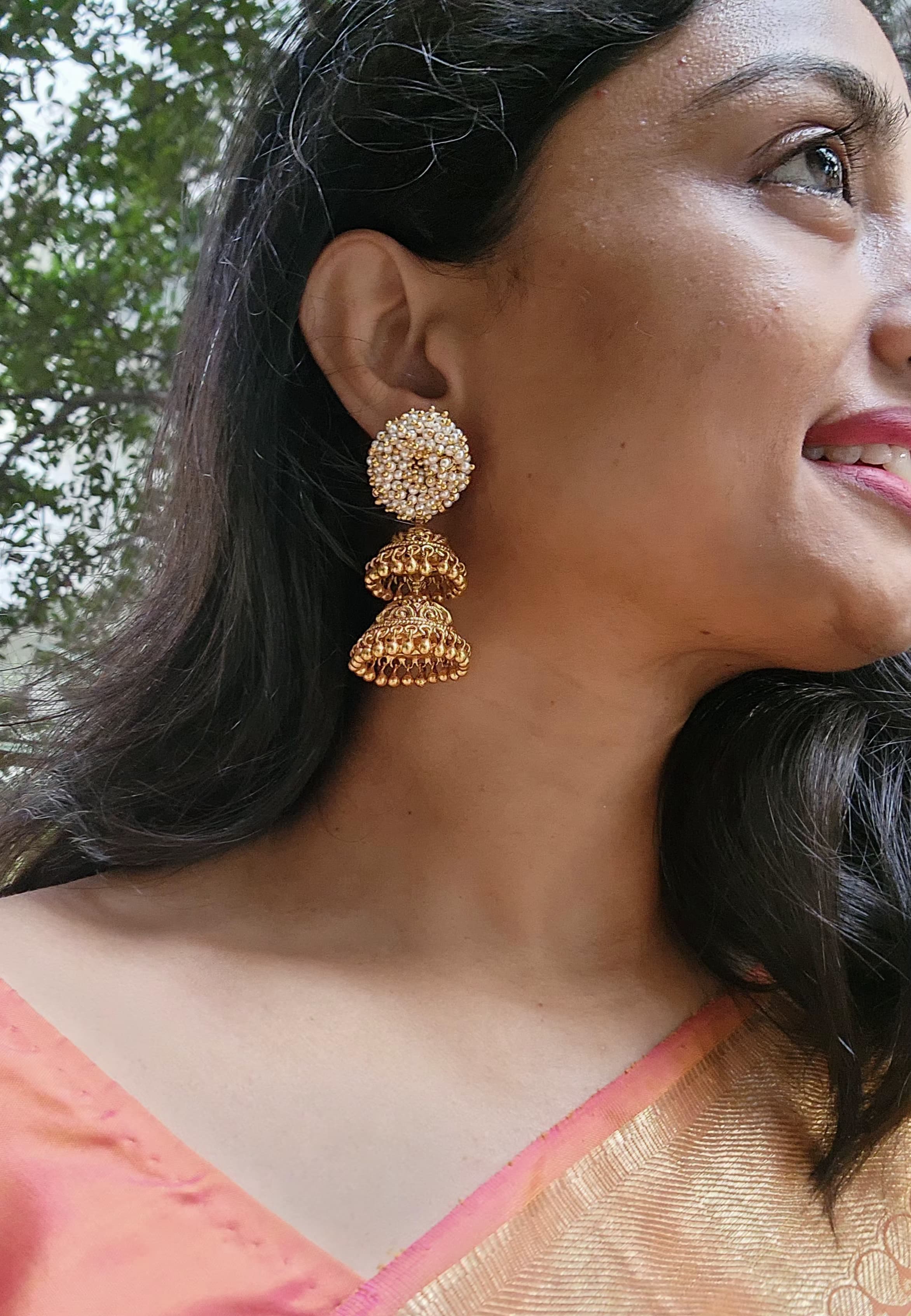 Pearls bunch detachable 2 layer jhumkas-Earrings-PL-House of Taamara