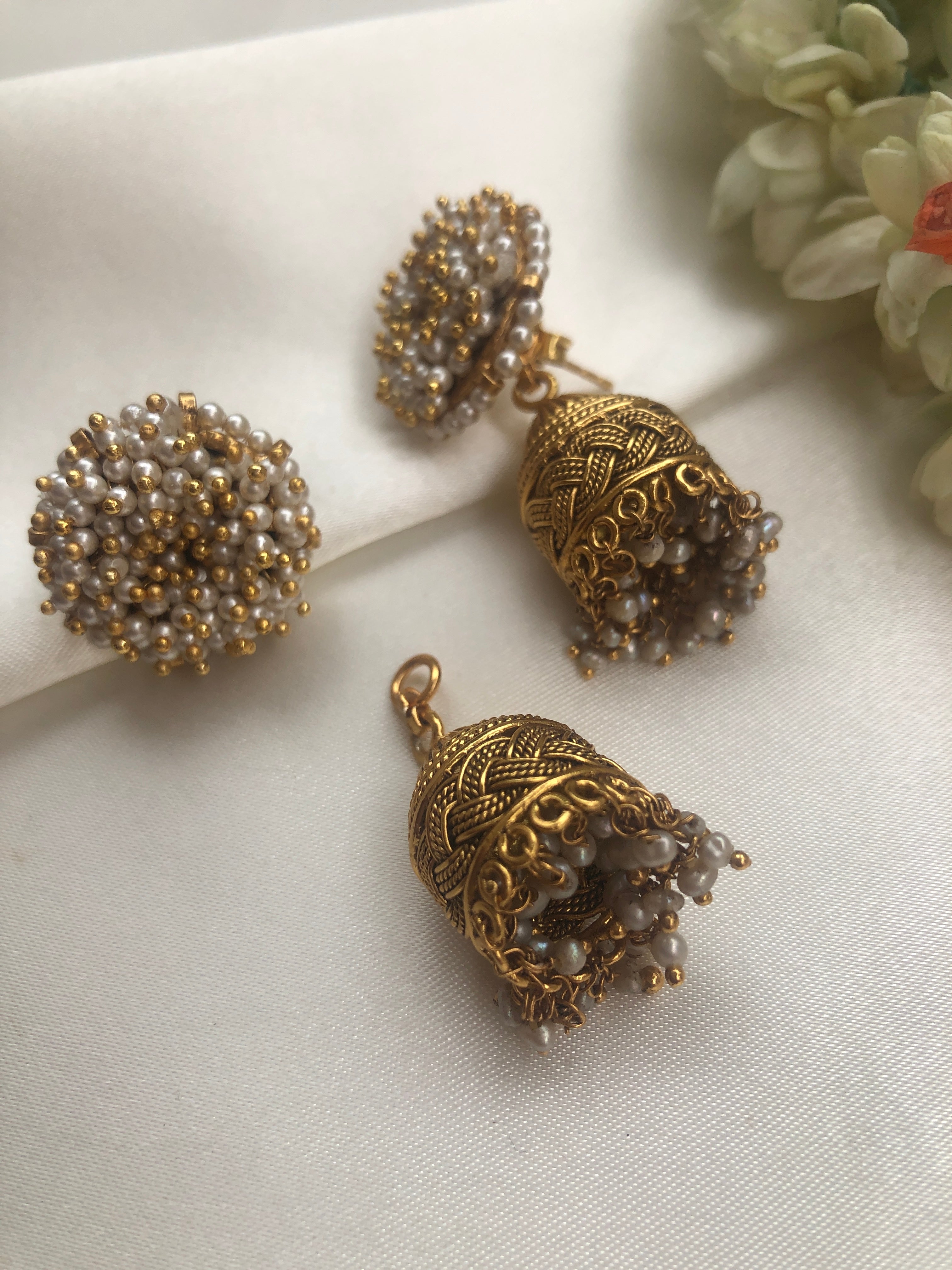 Pearls bunch earrings with detachable jhumkas (Made To Order)-Earrings-PL-House of Taamara