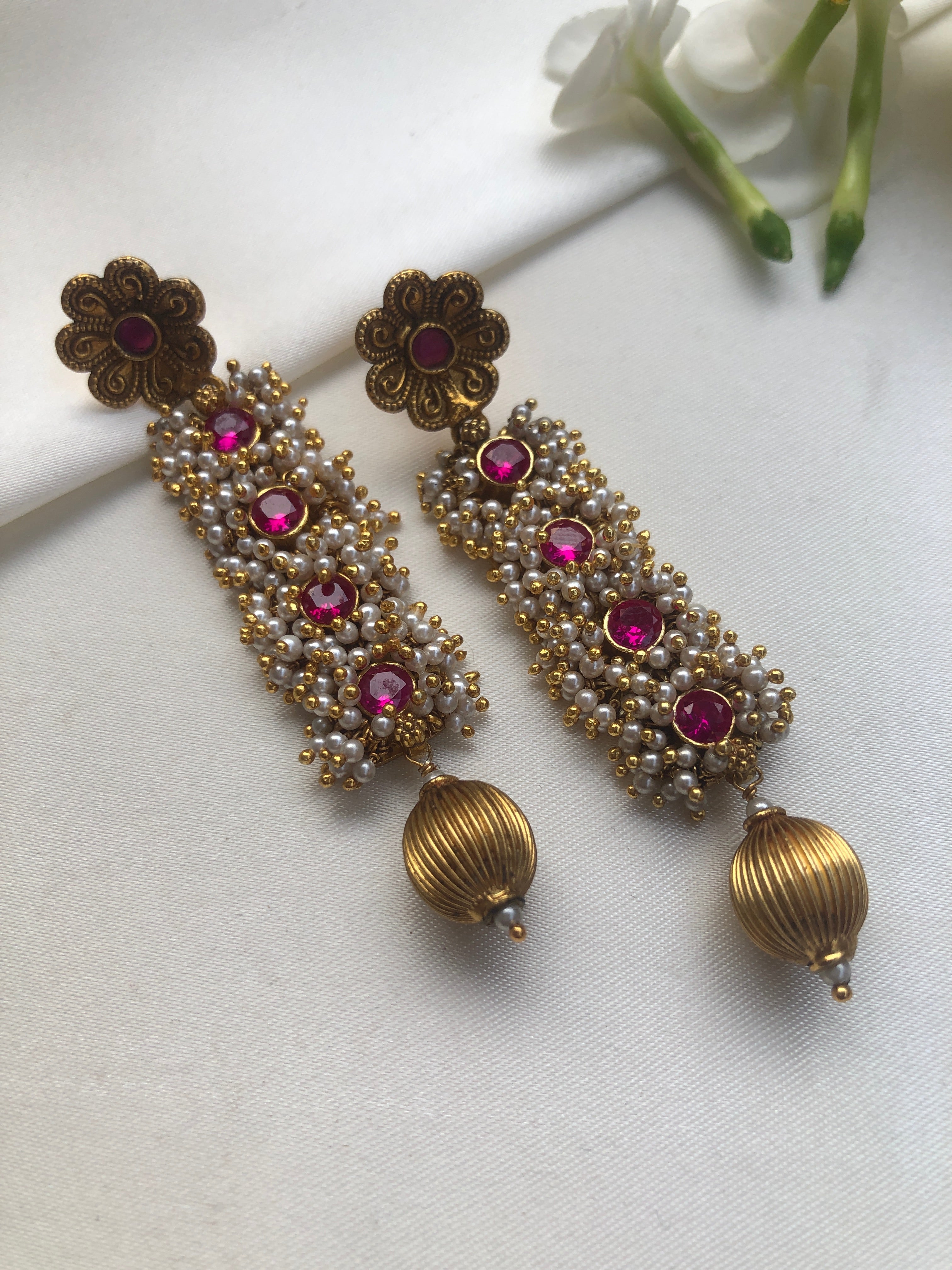 Pearls bunch long earrings with gold antique style bead drop-Earrings-PL-House of Taamara