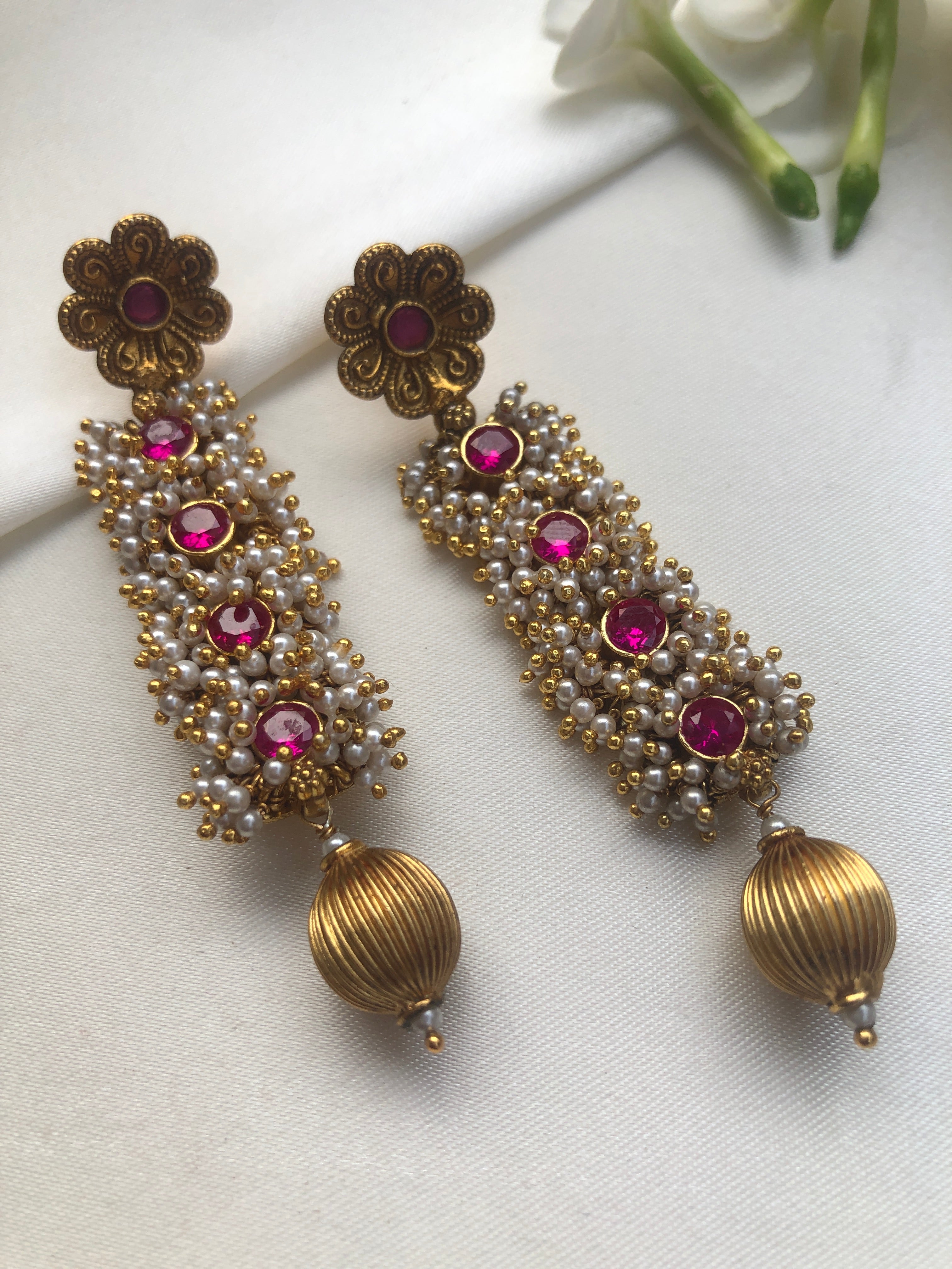 Pearls bunch long earrings with gold antique style bead drop-Earrings-PL-House of Taamara