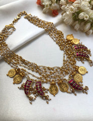 Pearls bunch necklace with kasu & Ruby kundan tiger nail pendant-Silver Neckpiece-PL-House of Taamara