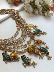 Pearls bunch necklace with turquoise, ruby kundan & citrine bead hangings-Silver Neckpiece-PL-House of Taamara