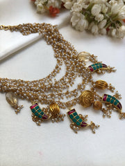 Pearls bunch necklace with turquoise, ruby kundan & citrine bead hangings-Silver Neckpiece-PL-House of Taamara