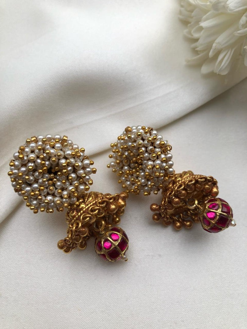 Pearls bunch with jhumka and kundan ruby bead-Earrings-PL-House of Taamara
