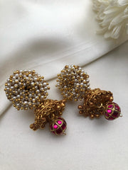 Pearls bunch with jhumka and kundan ruby bead-Earrings-PL-House of Taamara