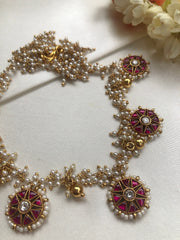 Pearls bunch with round ruby kundan motifs & gundus bead hangings-Silver Neckpiece-PL-House of Taamara