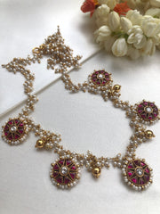 Pearls bunch with round ruby kundan motifs & gundus bead hangings-Silver Neckpiece-PL-House of Taamara