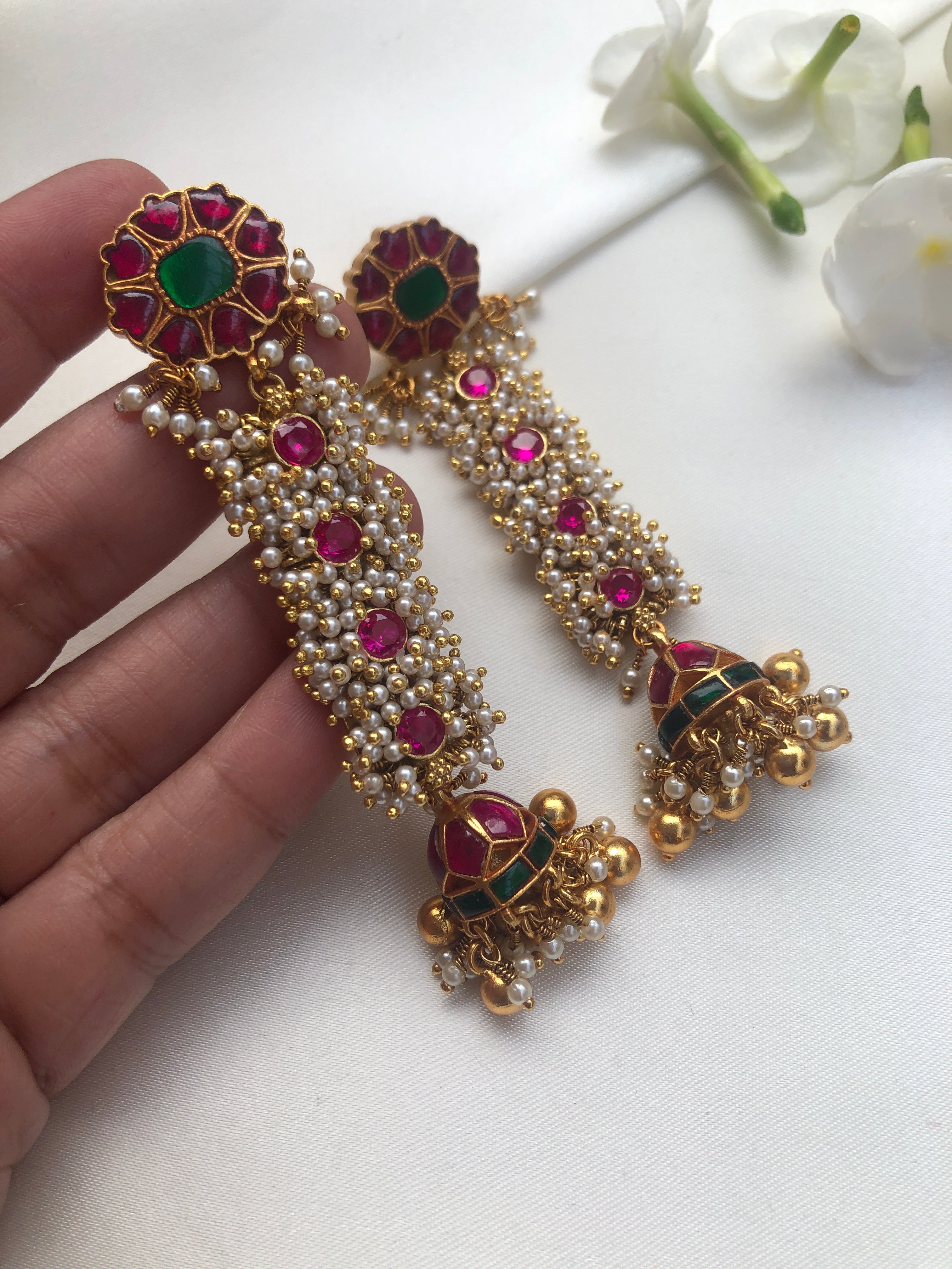 Pearls bunch with ruby & kundan jhumkas-Earrings-PL-House of Taamara