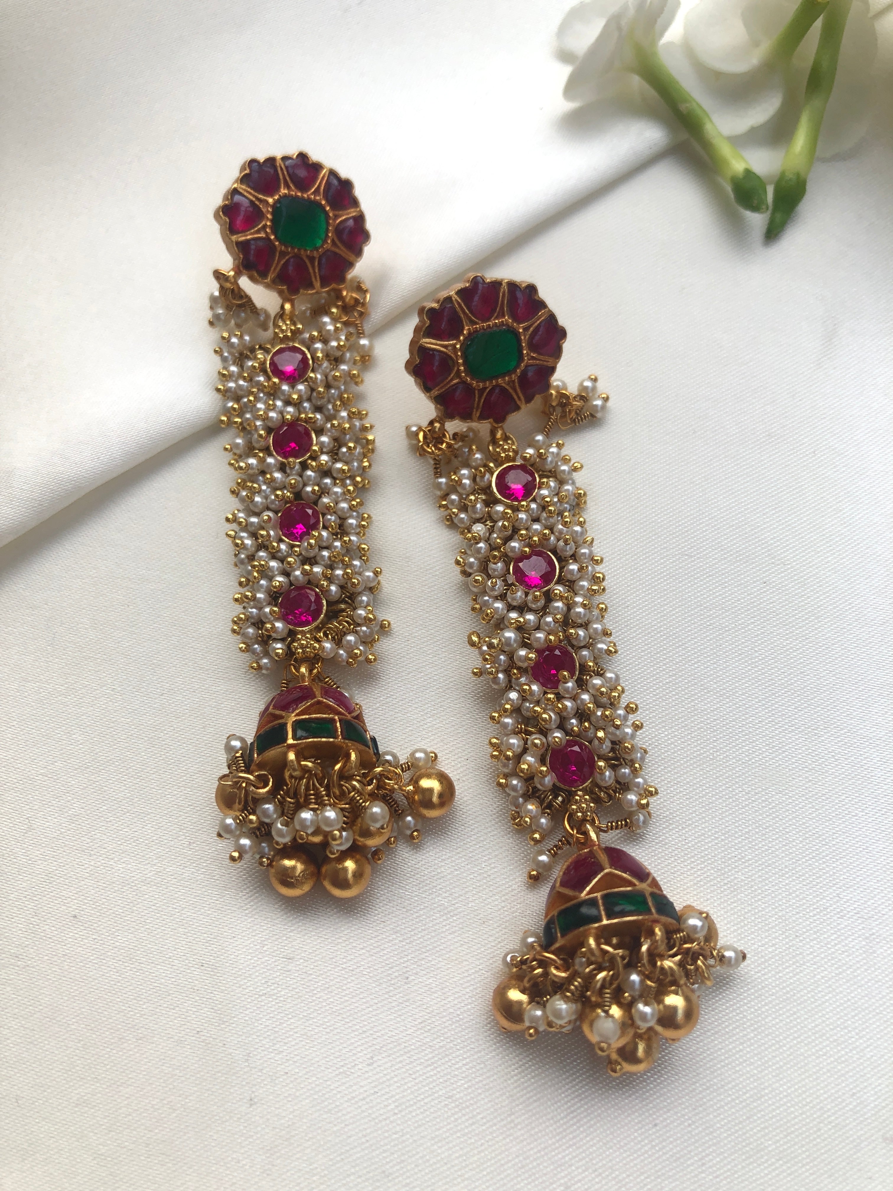 Pearls bunch with ruby & kundan jhumkas-Earrings-PL-House of Taamara