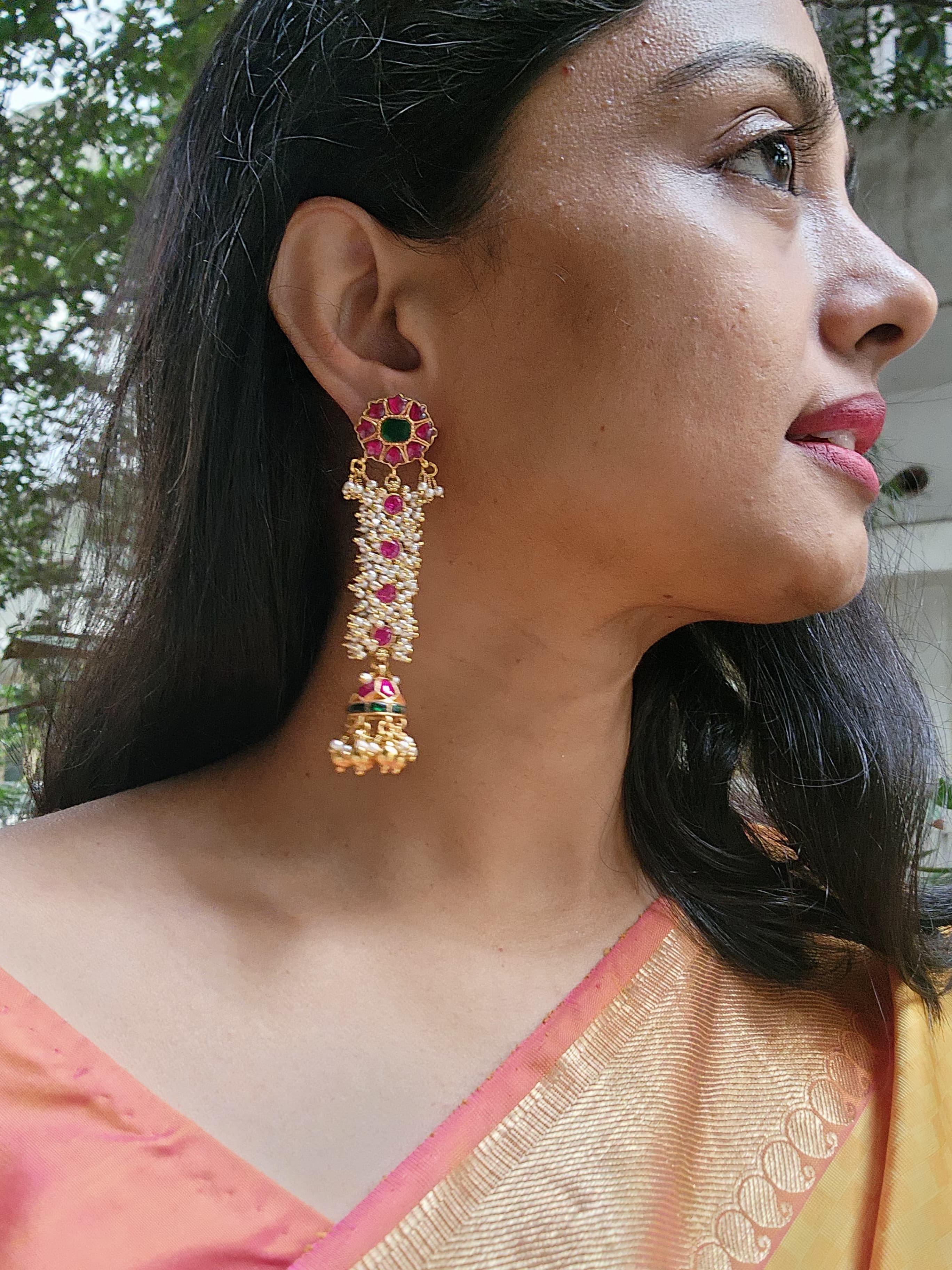 Pearls bunch with ruby & kundan jhumkas-Earrings-PL-House of Taamara