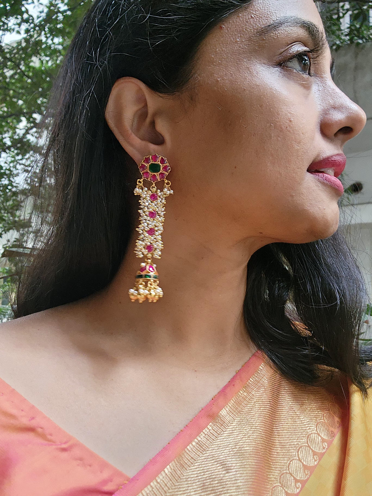 Pearls bunch with ruby & kundan jhumkas-Earrings-PL-House of Taamara