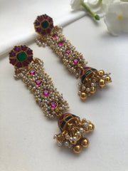 Pearls bunch with ruby & kundan jhumkas-Earrings-PL-House of Taamara