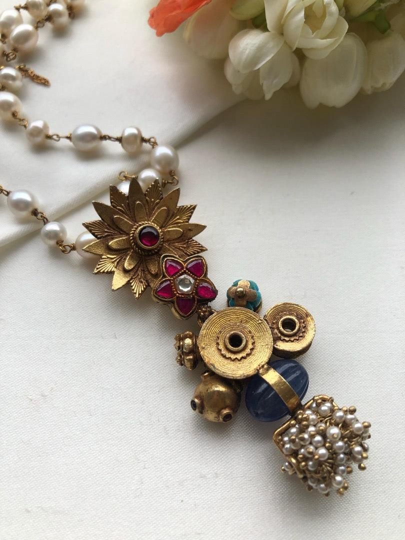 Pearls chain with antique style multicolour flower pendant-Silver Neckpiece-PL-House of Taamara