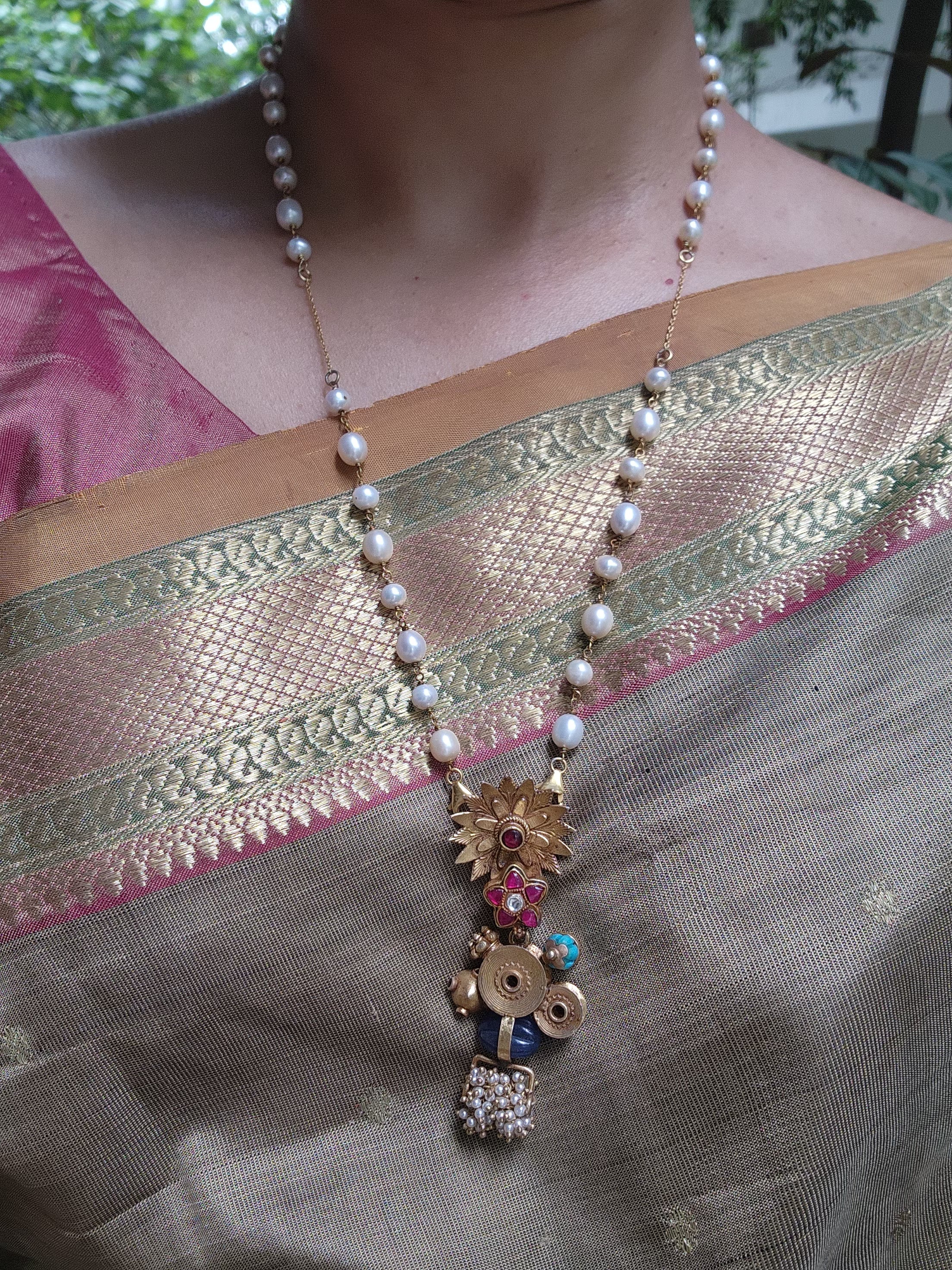 Pearls chain with antique style multicolour flower pendant-Silver Neckpiece-PL-House of Taamara