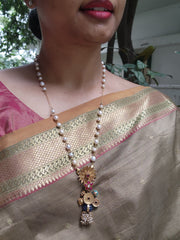 Pearls chain with antique style multicolour flower pendant-Silver Neckpiece-PL-House of Taamara