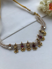 Pearls choker with Kundan and antique style motifs-Silver Neckpiece-PL-House of Taamara