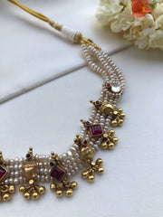 Pearls choker with Kundan and antique style motifs-Silver Neckpiece-PL-House of Taamara