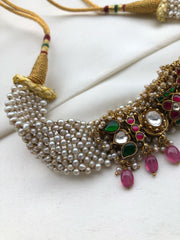 Pearls choker with kundan pendant & bunch pearls-Silver Neckpiece-PL-House of Taamara
