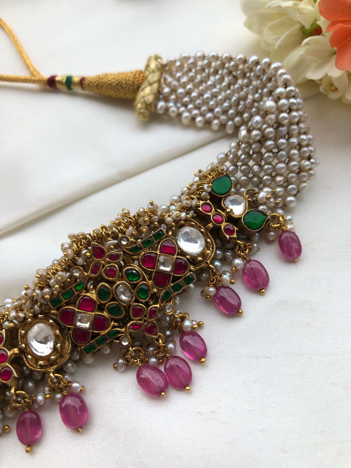 Pearls choker with kundan pendant & bunch pearls-Silver Neckpiece-PL-House of Taamara