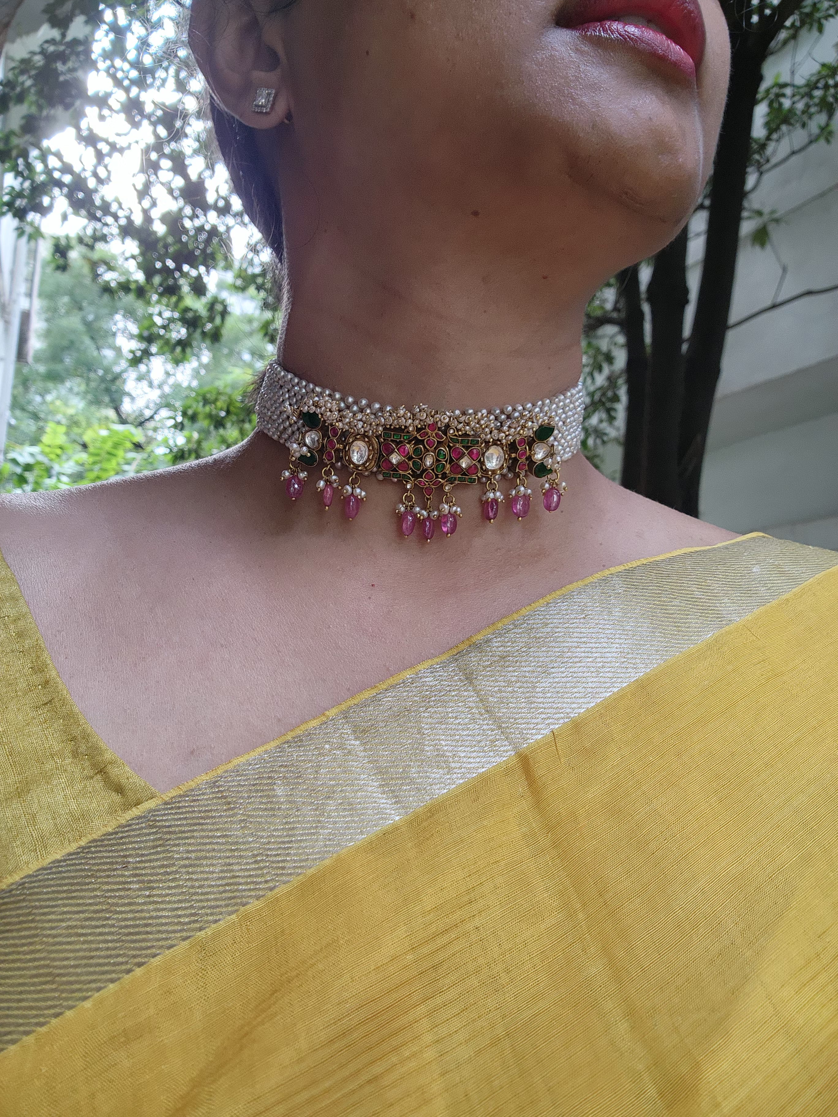 Pearls choker with kundan pendant & bunch pearls-Silver Neckpiece-PL-House of Taamara