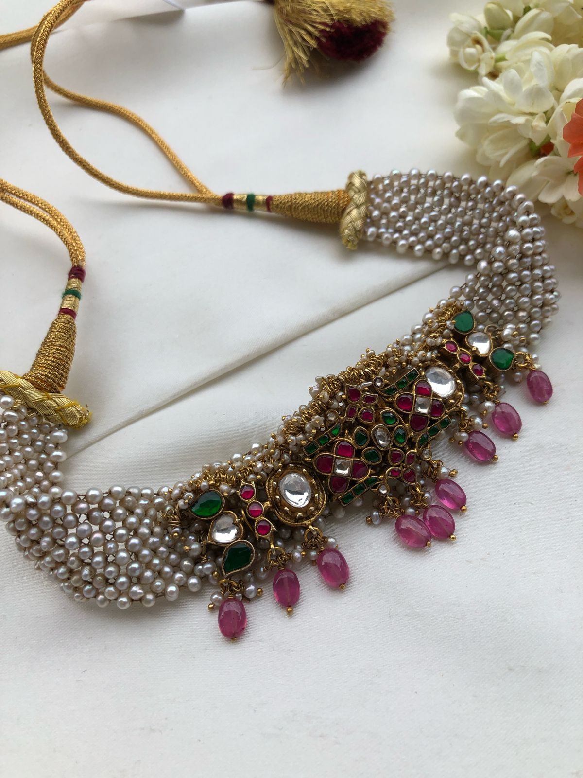 Pearls choker with kundan pendant & bunch pearls-Silver Neckpiece-PL-House of Taamara