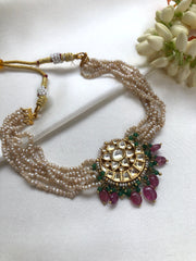 Pearls choker with moissanite & kundan pendant with pink onyx beads-Silver Neckpiece-PL-House of Taamara