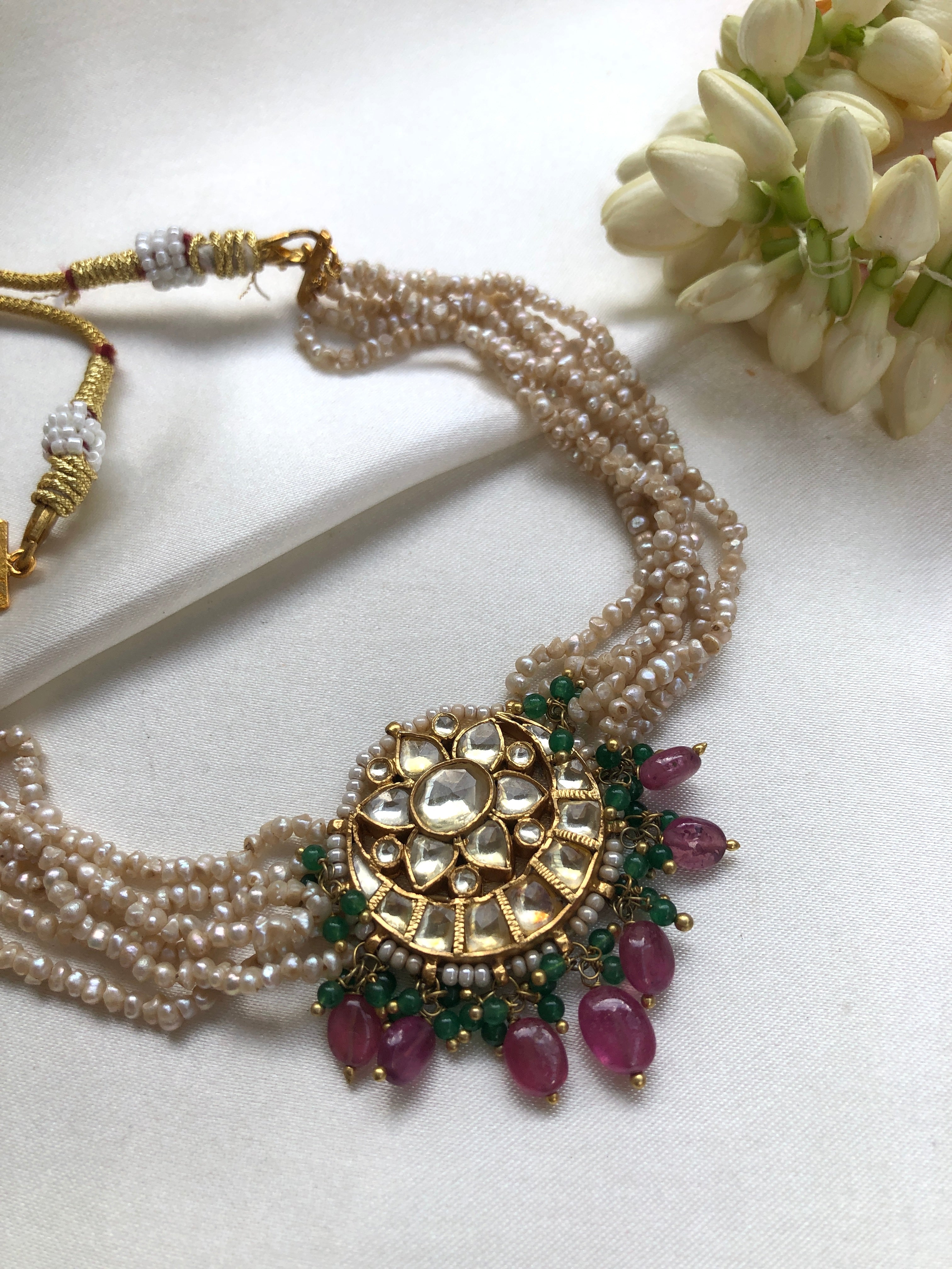 Pearls choker with moissanite & kundan pendant with pink onyx beads-Silver Neckpiece-PL-House of Taamara