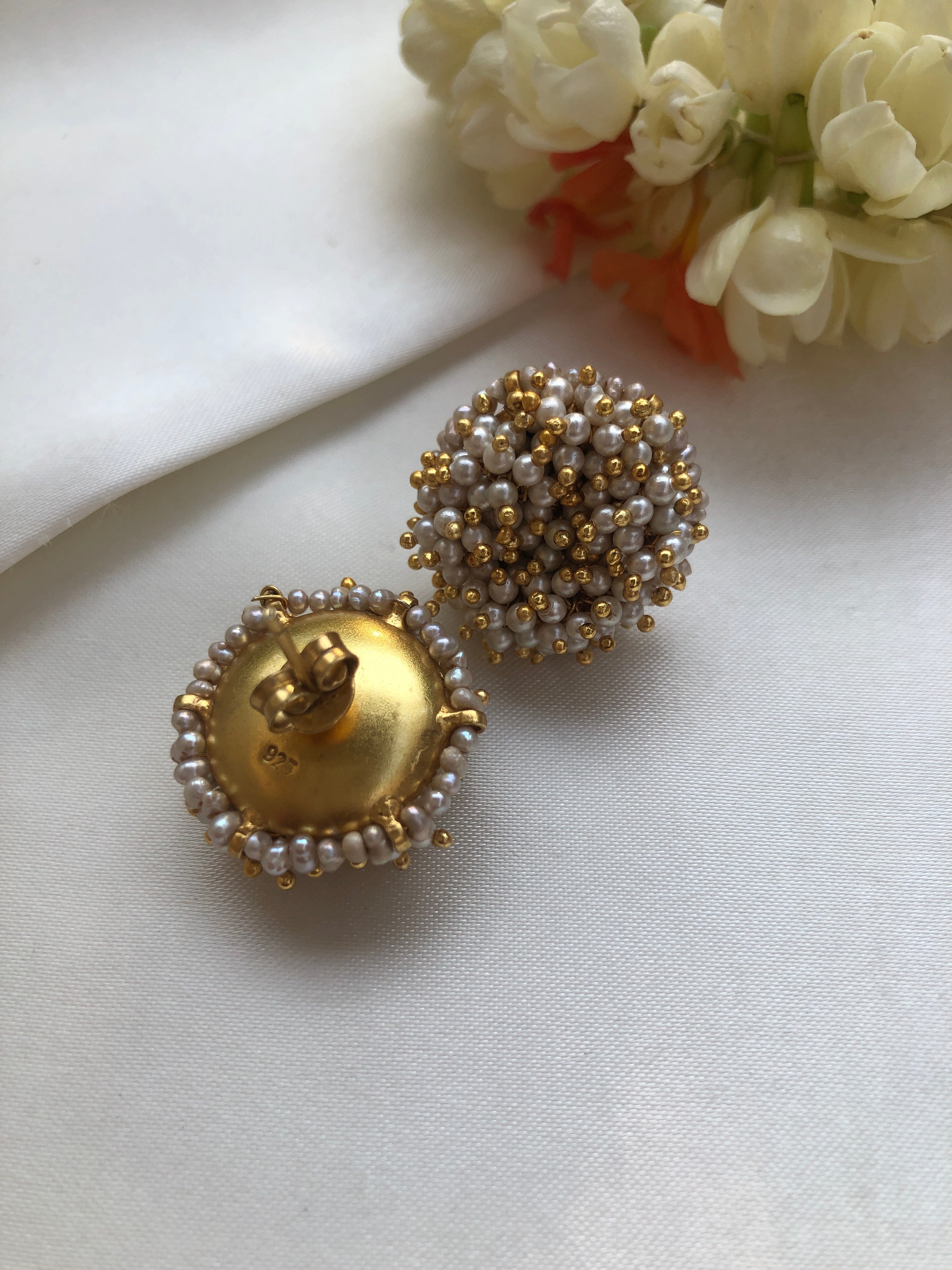 Pearls & gold gundu intricately tied bunch, round studs-Earrings-PL-House of Taamara