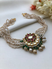 Pearls kundan style ruby choker-Silver Neckpiece-PL-House of Taamara