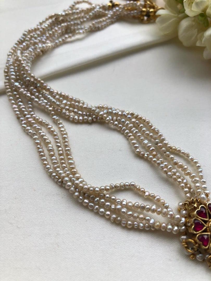 Pearls mala with kundan pendant-Silver Neckpiece-PL-House of Taamara