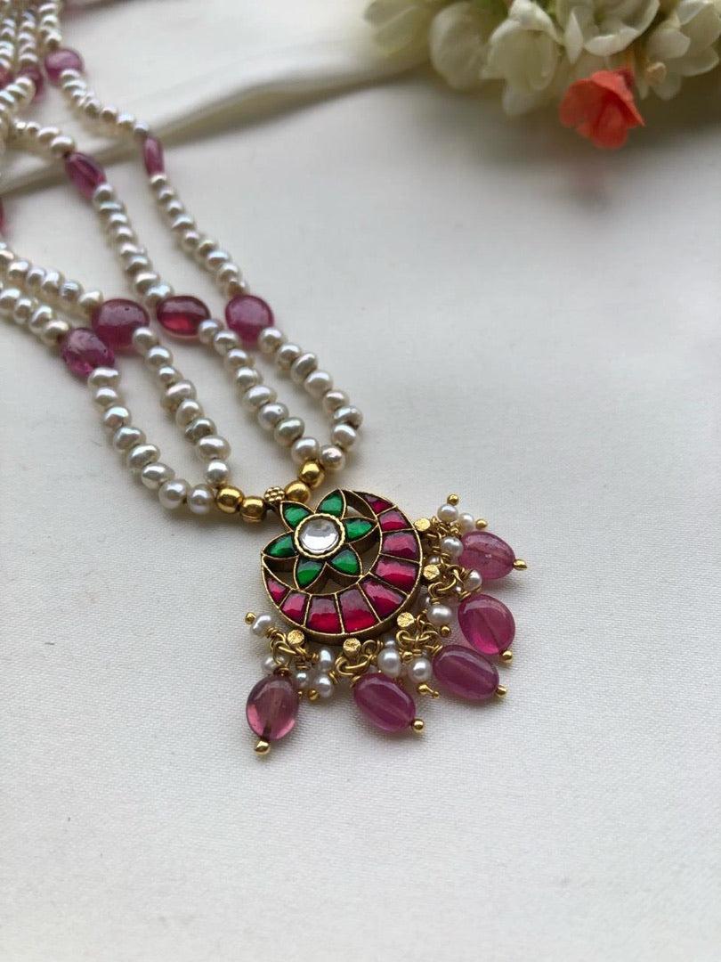 Pearls mala with ruby and green chand necklace-Silver Neckpiece-PL-House of Taamara