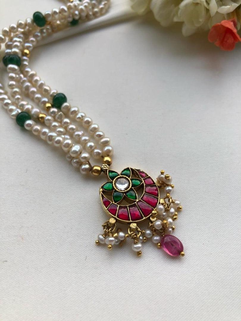 Pearls mala with ruby and green chand necklace-Silver Neckpiece-PL-House of Taamara