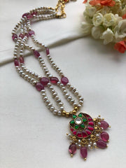 Pearls mala with ruby and green chand necklace-Silver Neckpiece-PL-House of Taamara