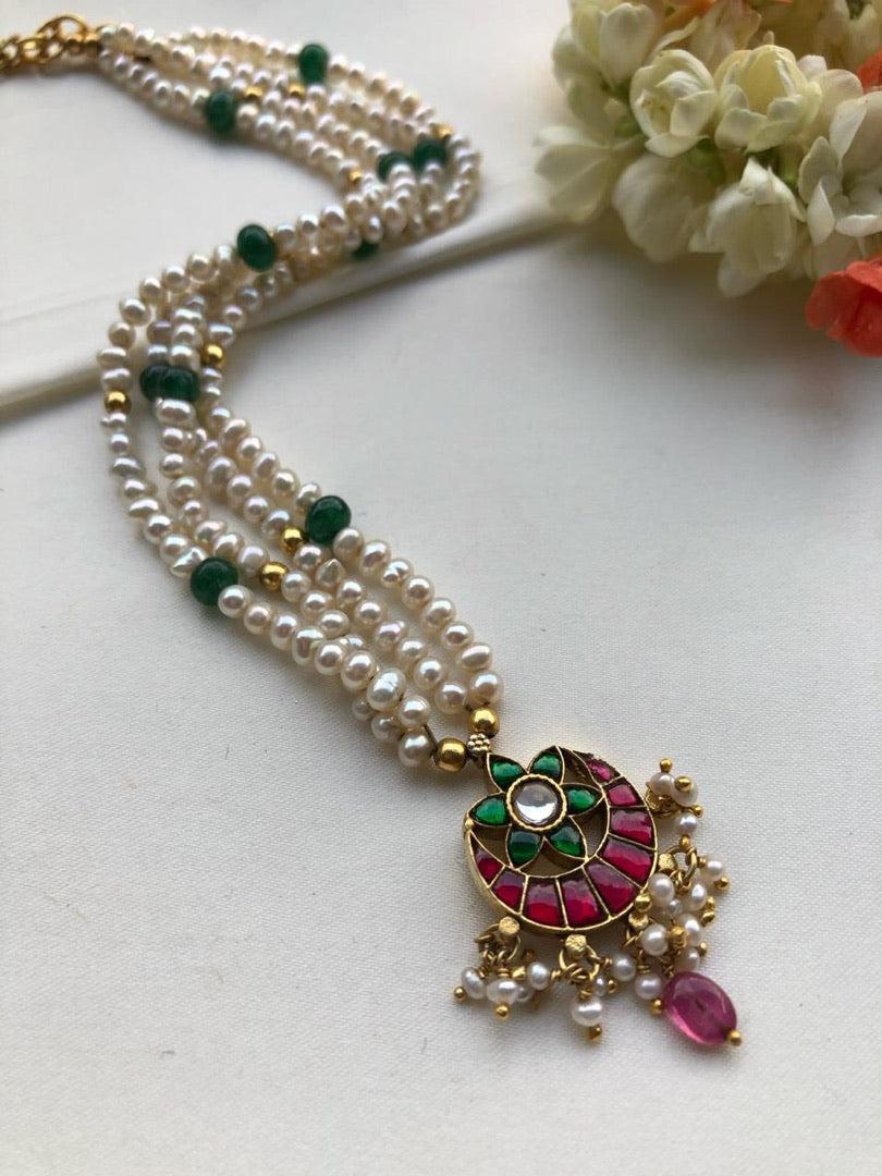 Pearls mala with ruby and green chand necklace-Silver Neckpiece-PL-House of Taamara