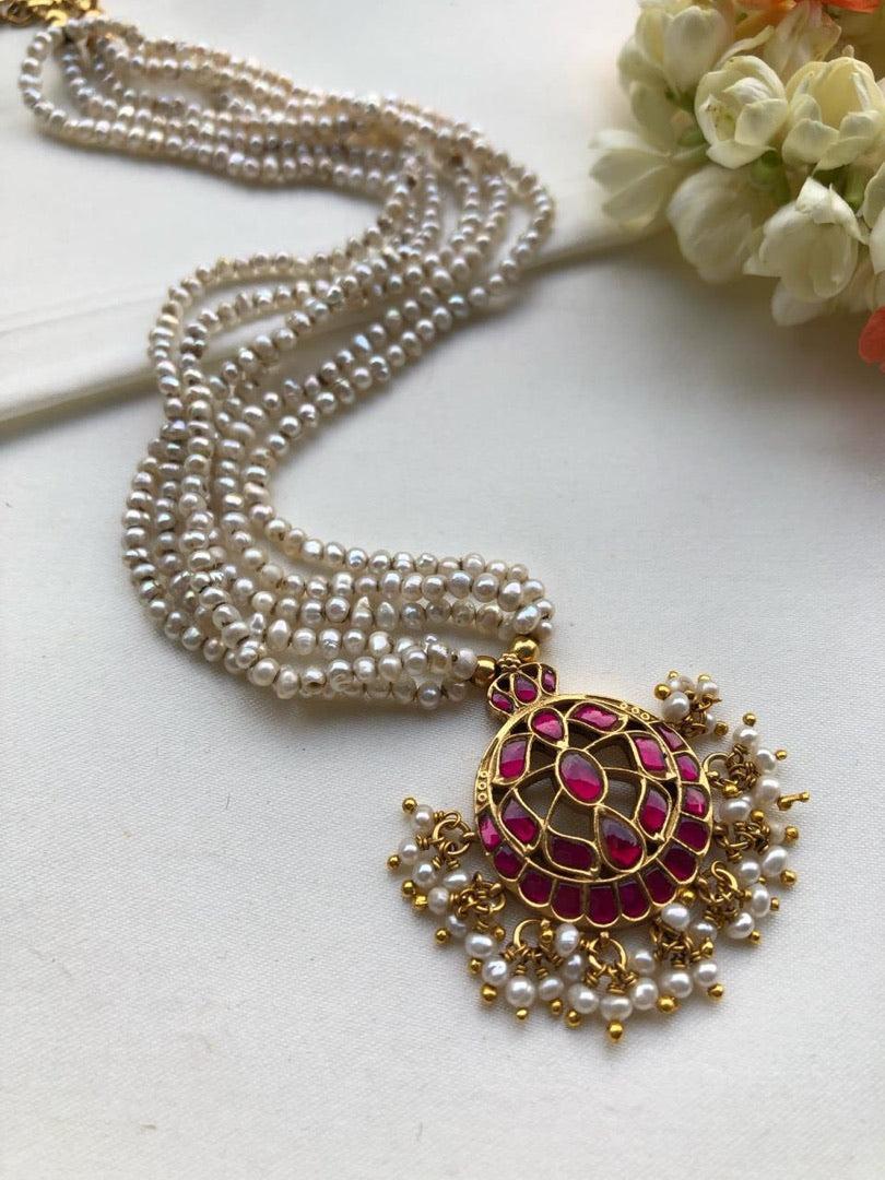 Pearls mala with ruby chand kundan-Silver Neckpiece-PL-House of Taamara